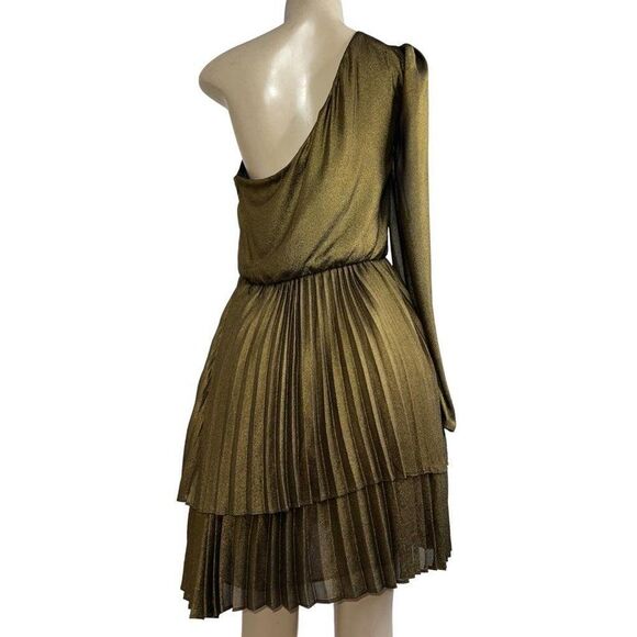DEREK LAM Yolie Gold Long Sleeve One Shoulder Pleated Mini Dress Size M - Picture 5 of 6